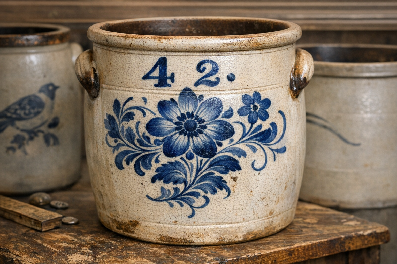 Antique stoneware crock with elaborate hand-painted floral decoration