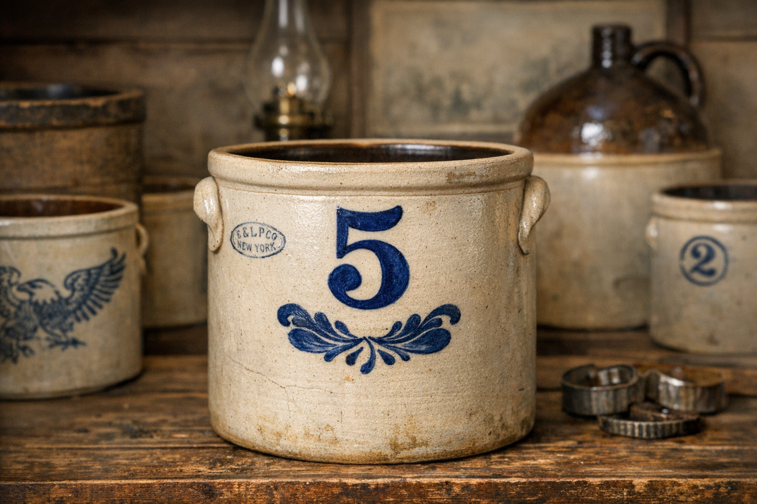 Antique stoneware crock with large cobalt blue capacity number