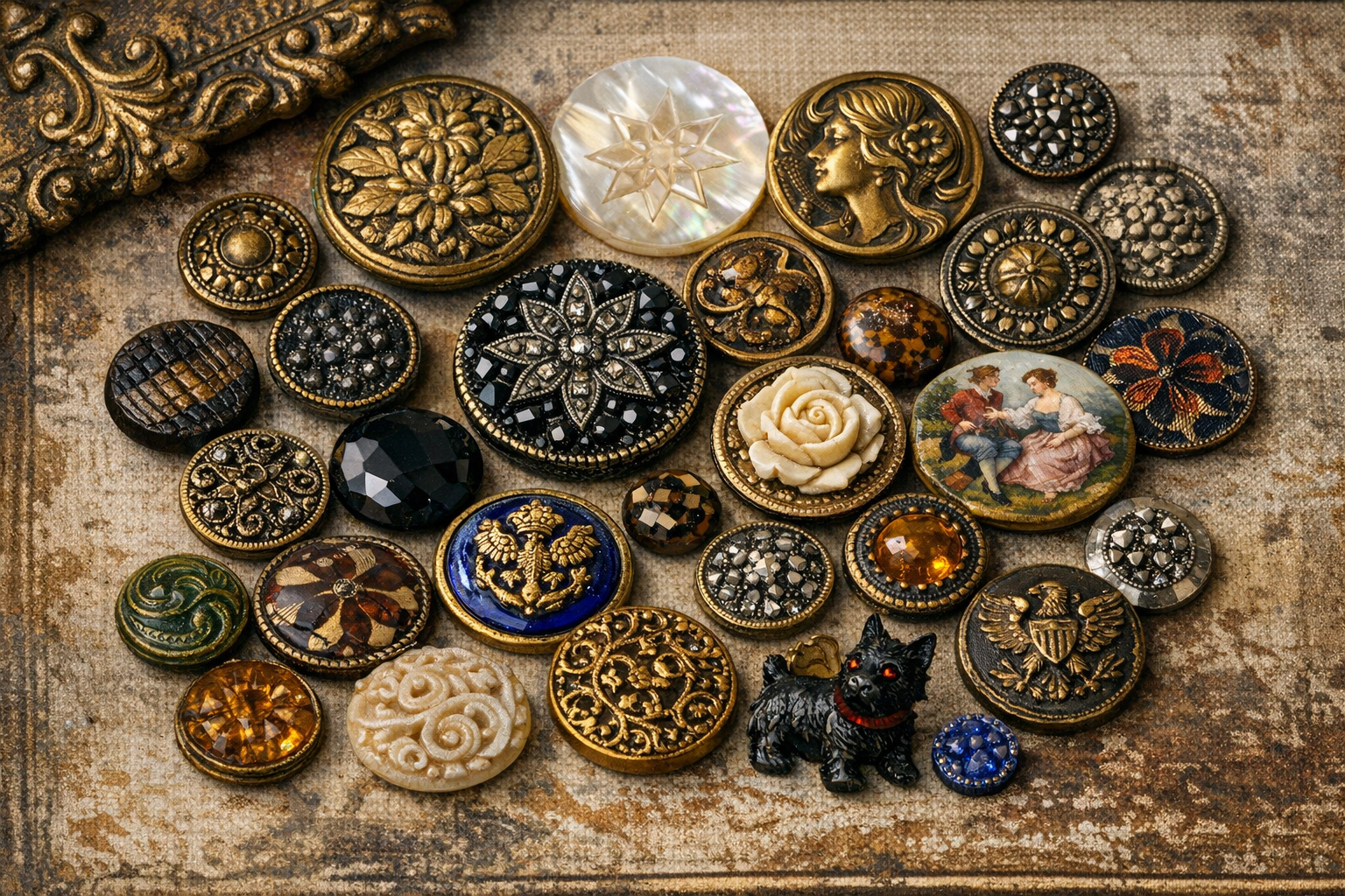 Antique button identification collection with materials, shank styles, backmarks, design, patina, and condition clues