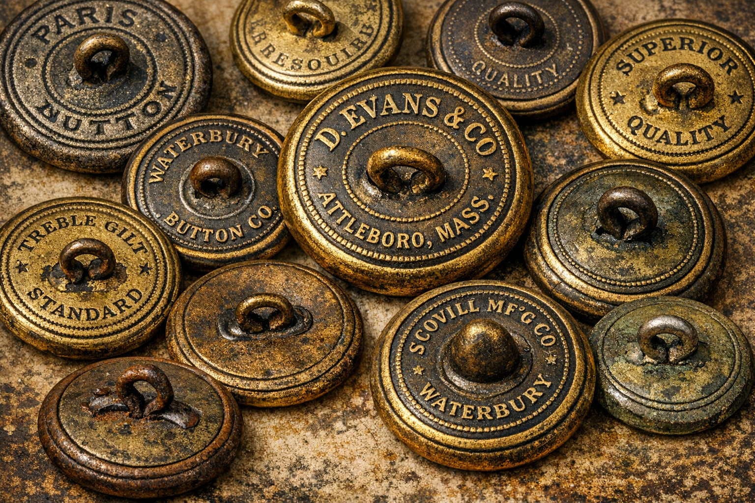 Close-up of antique brass buttons showing backmarks and shank styles