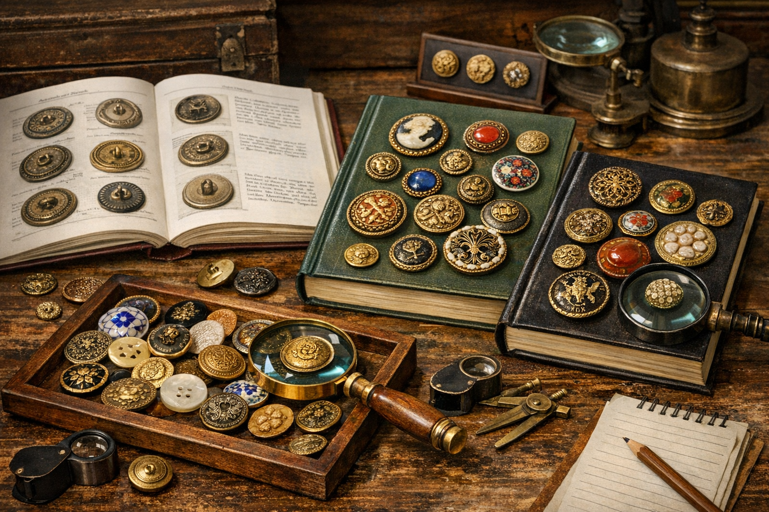 Reference books and tools for button identification and dating