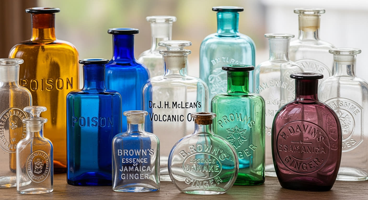 Old glass medicine bottle collection used to review embossing, color, mold seams, lip style, base marks, and condition