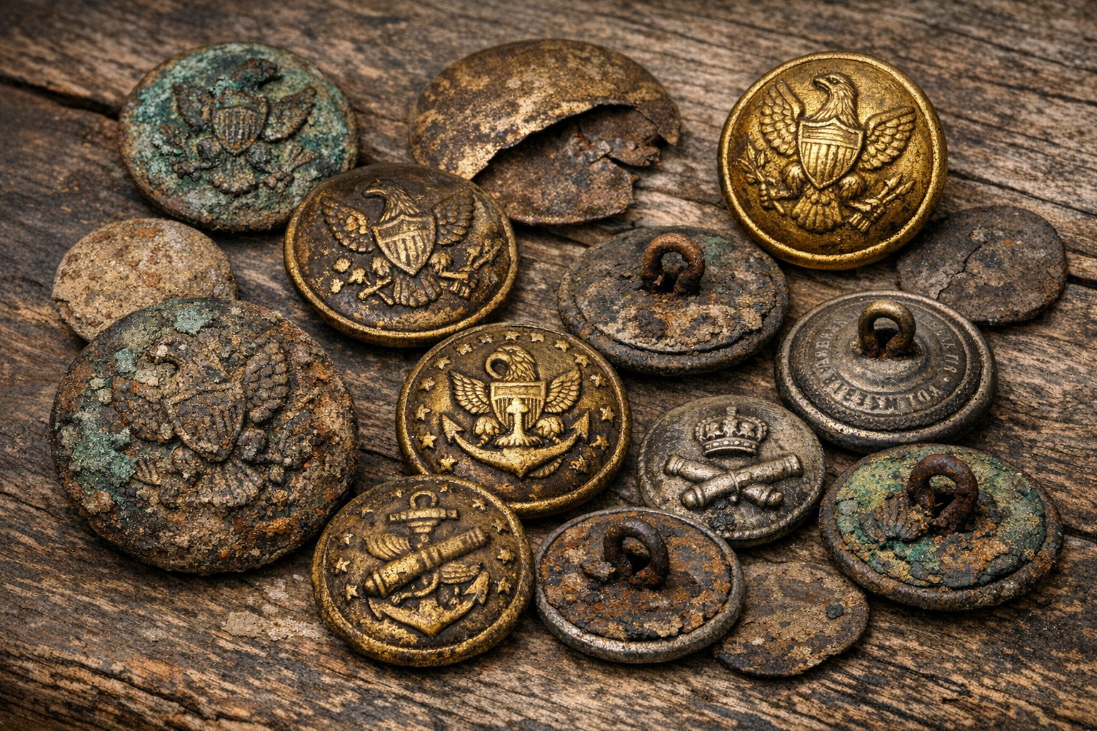 Collection of various military buttons in different conditions showing wear patterns and patina