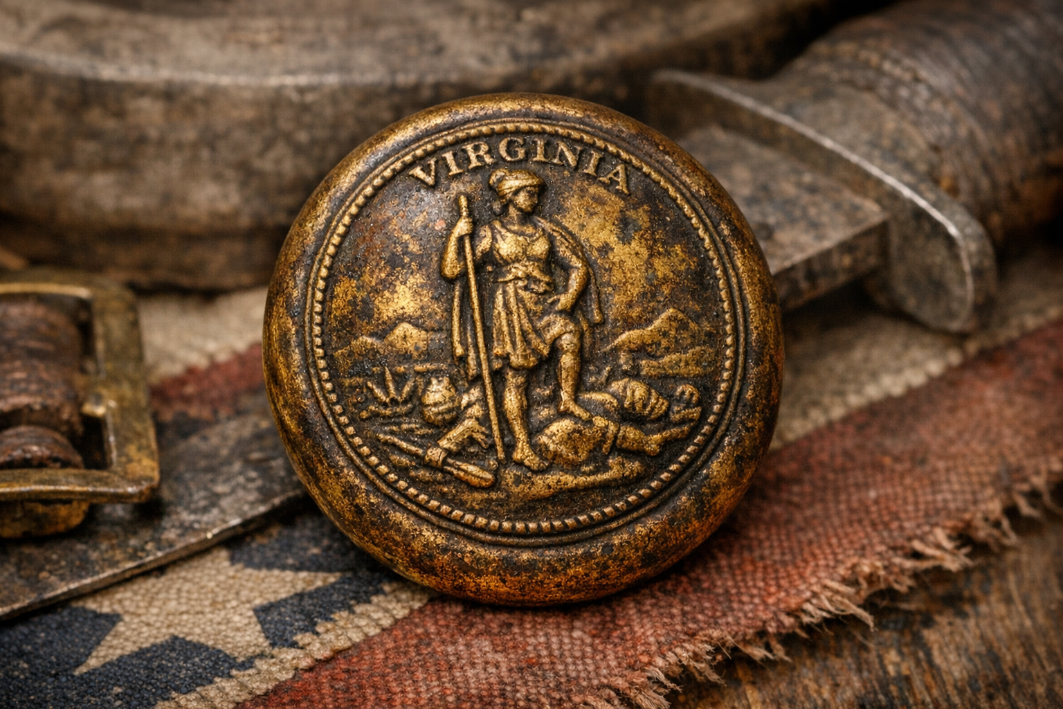 Rare Confederate military button with state seal design and tarnished brass finish