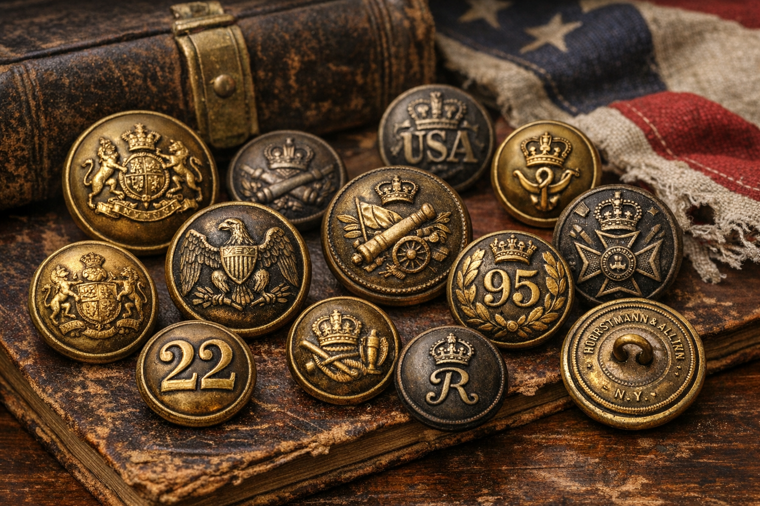 Rare military button identification setup with backmark, branch symbol, shank, material, patina, uniform context, and condition clues