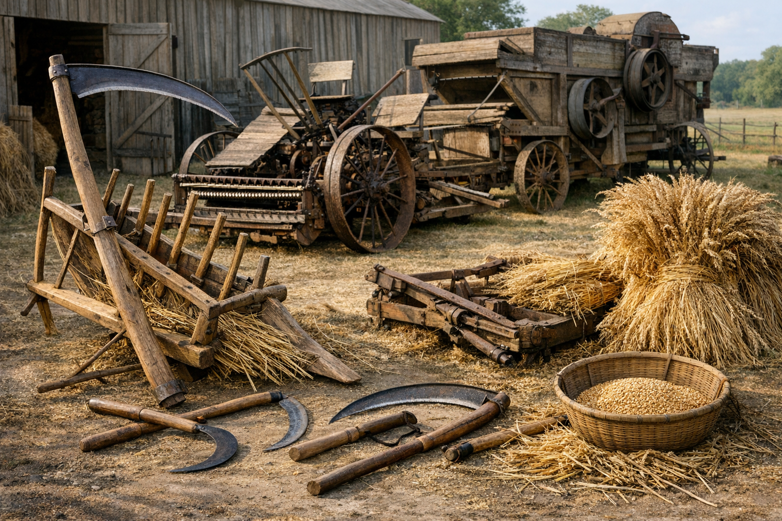 Antique harvesting equipment including grain cradle and threshing tools