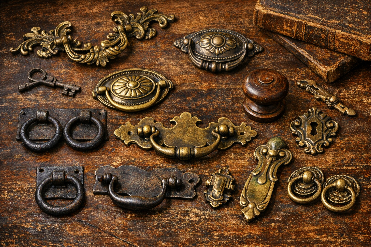Antique furniture handle identification with brass pulls, knobs, backplates, screw slots, casting, finish, wear, and replacement holes