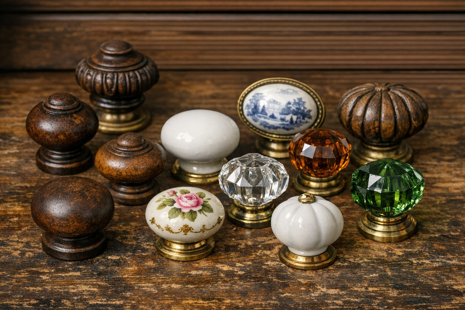 Various antique knob types including porcelain, glass, and wooden examples in different styles
