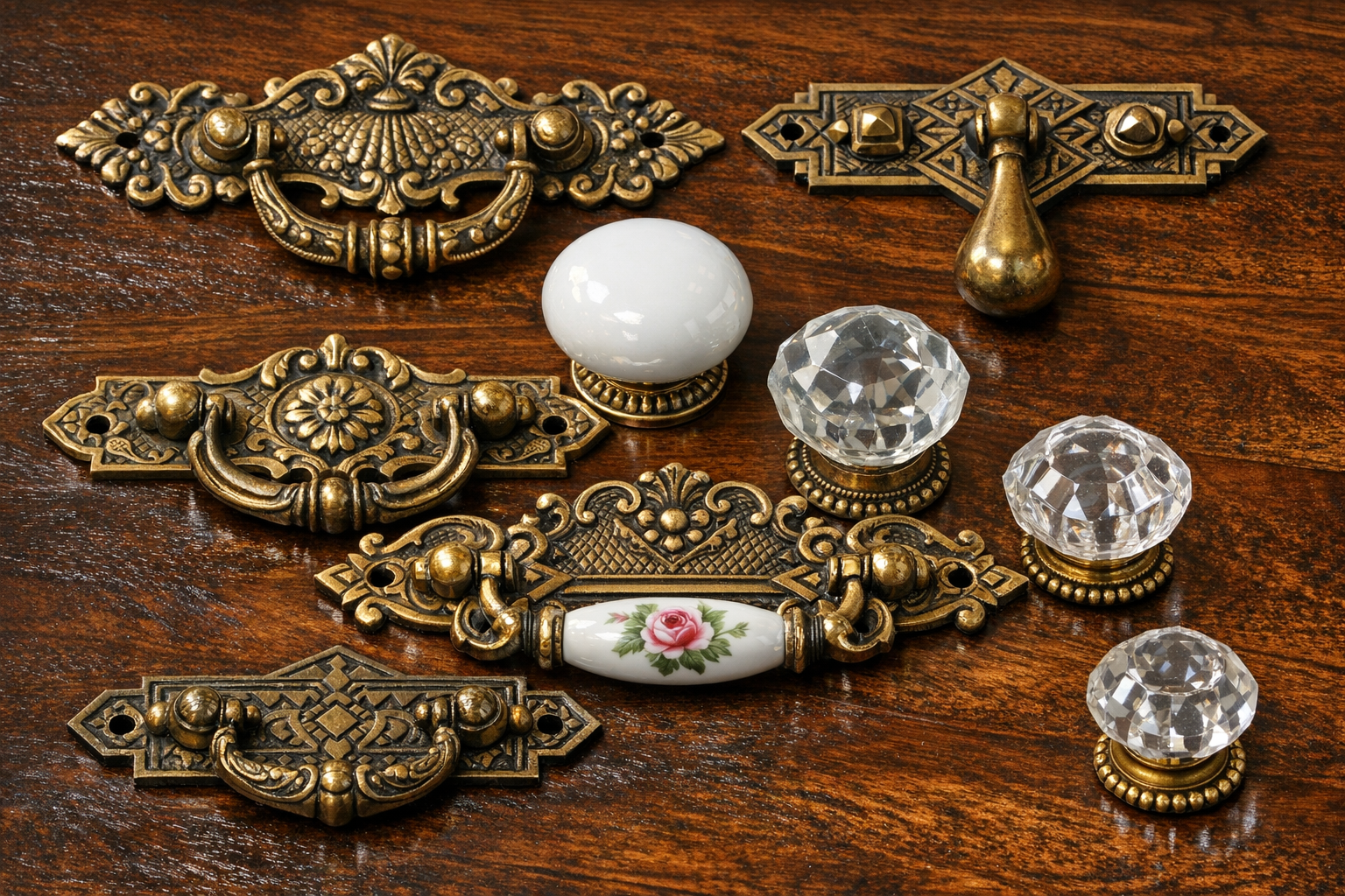 Victorian era furniture hardware showing ornate brass pulls and porcelain knobs