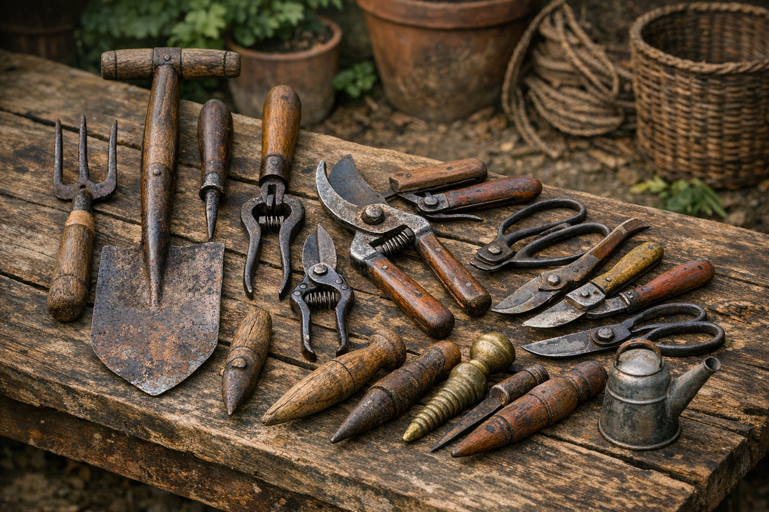 Antique garden tool identification with maker marks, forged iron, handles, repairs, wear, patina, and use clues