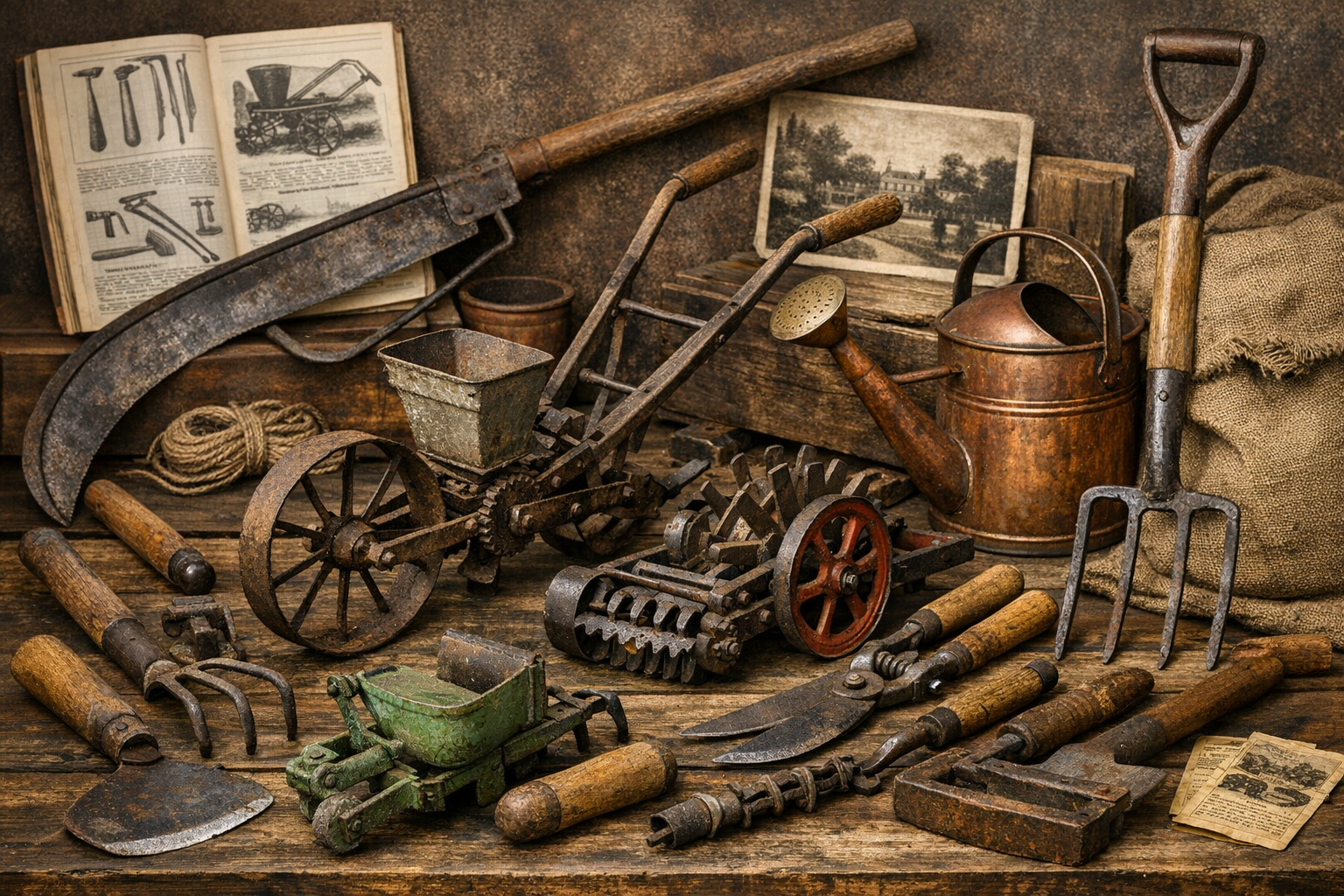 Various antique garden tools arranged to show different types and conditions