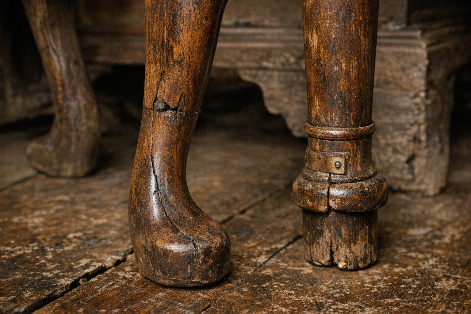 Close-up detail of aged patina and wear patterns on antique table legs