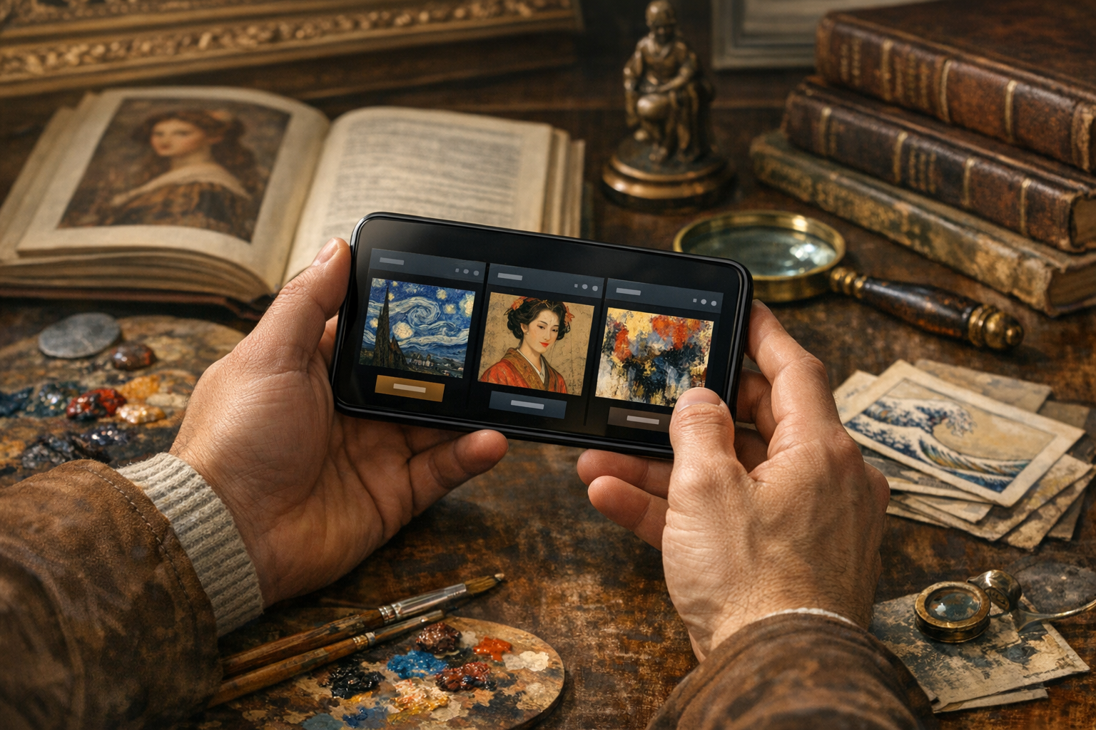 Person comparing different art identification apps on a smartphone
