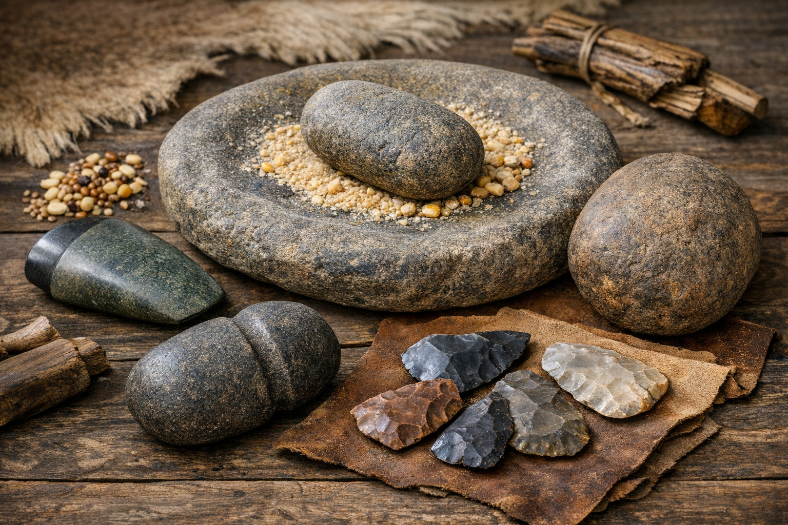 Examples of Native American stone tools including grinding stones, axes, and hammerstones