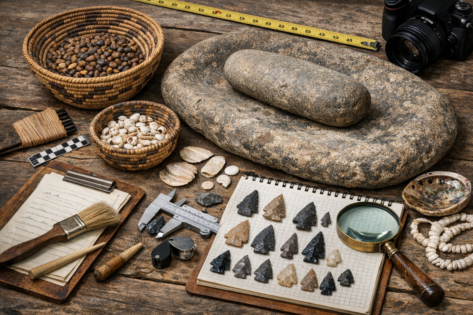 Image of Native American artifacts laid out for documentation with measuring tools