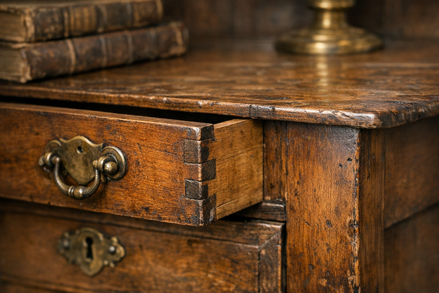 Antique furniture identification with wood, joinery, hardware, maker marks, finish, repairs, style, and age clues