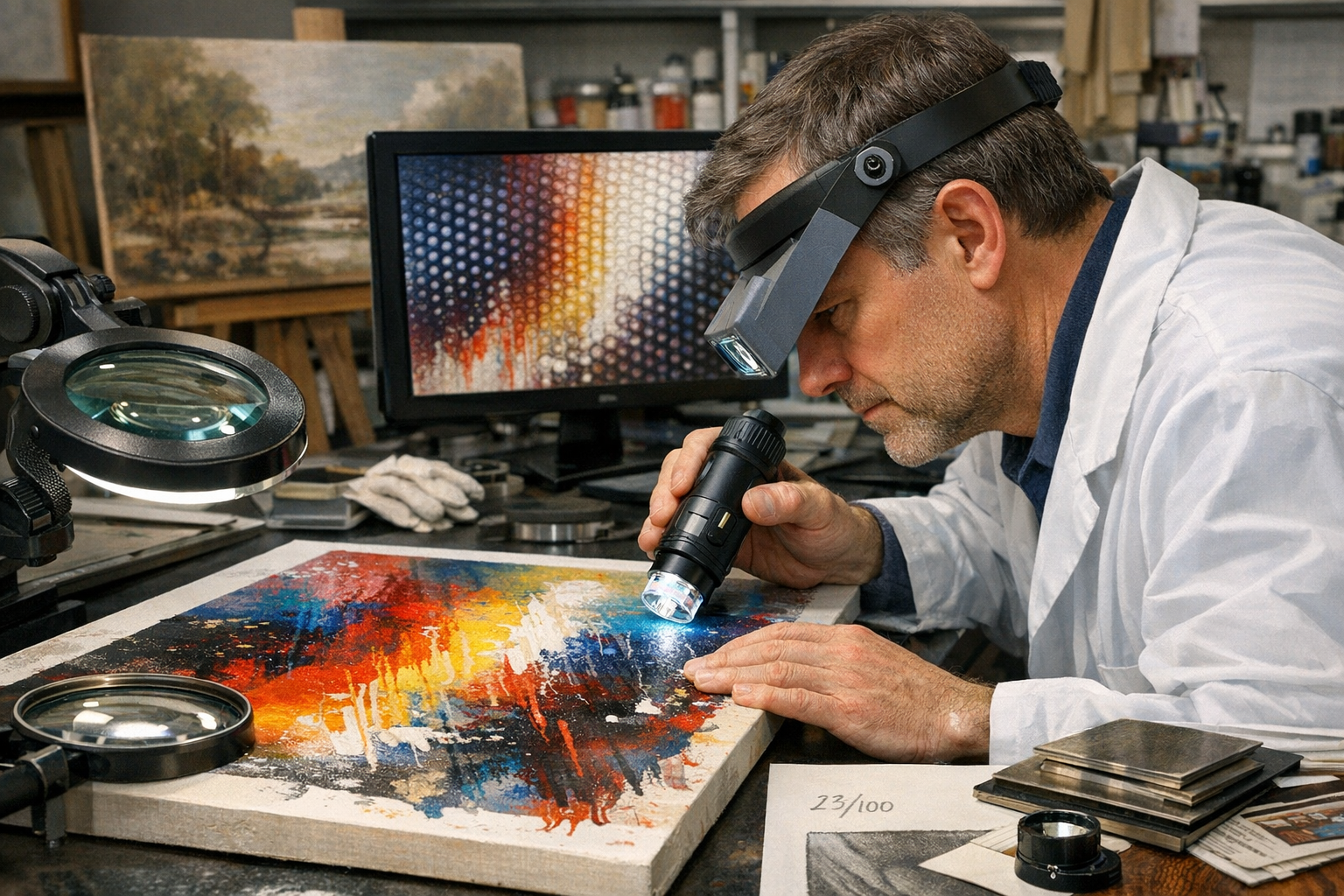 Art expert examining painting details with specialized equipment in a museum conservation department