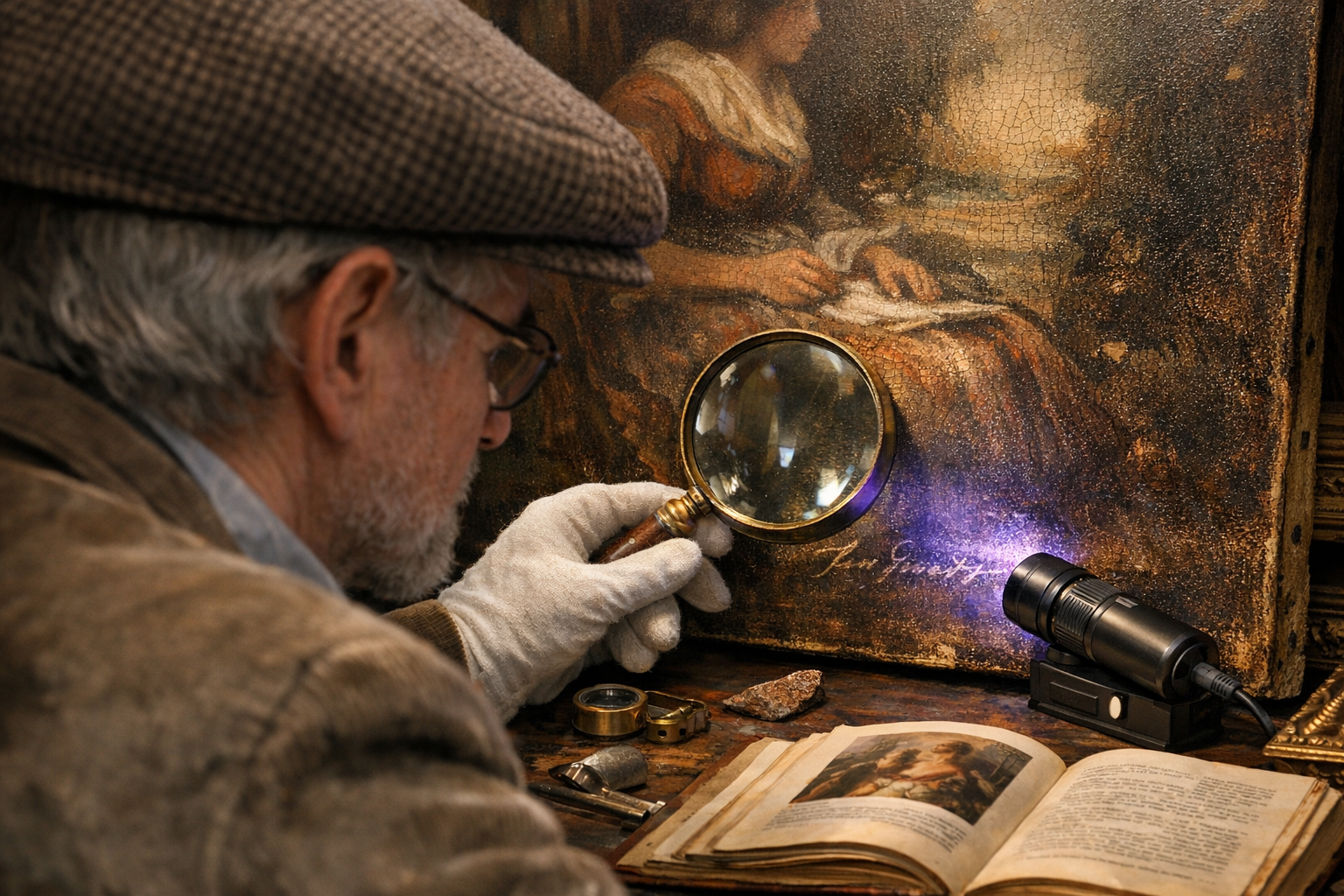 Close-up of an artist's signature on a painting with identification tools nearby