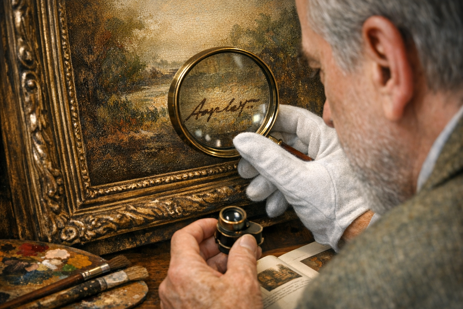Art identification with signature, medium, style, labels, verso details, condition, provenance, and appraisal evidence