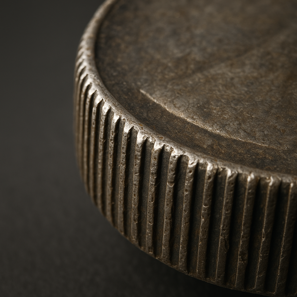 Macro reference image of a coin edge with reeded pattern