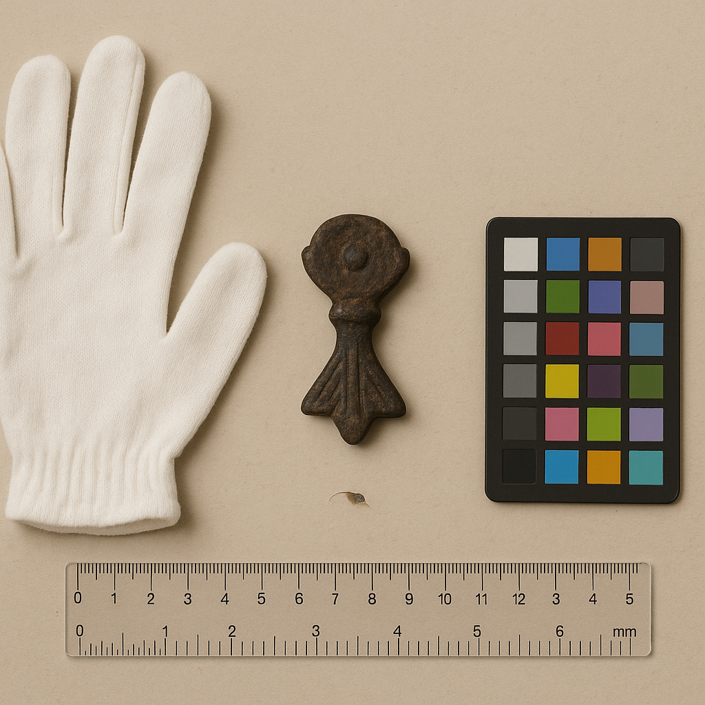 Artifact identification flatlay with material, form, marks, measurements, condition, provenance, and documentation clues