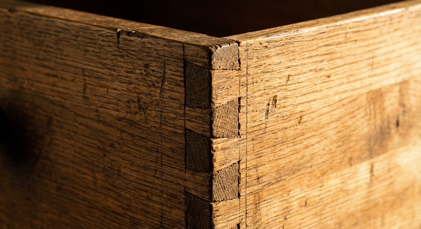 Macro reference image of hand-cut dovetail joinery on a drawer corner