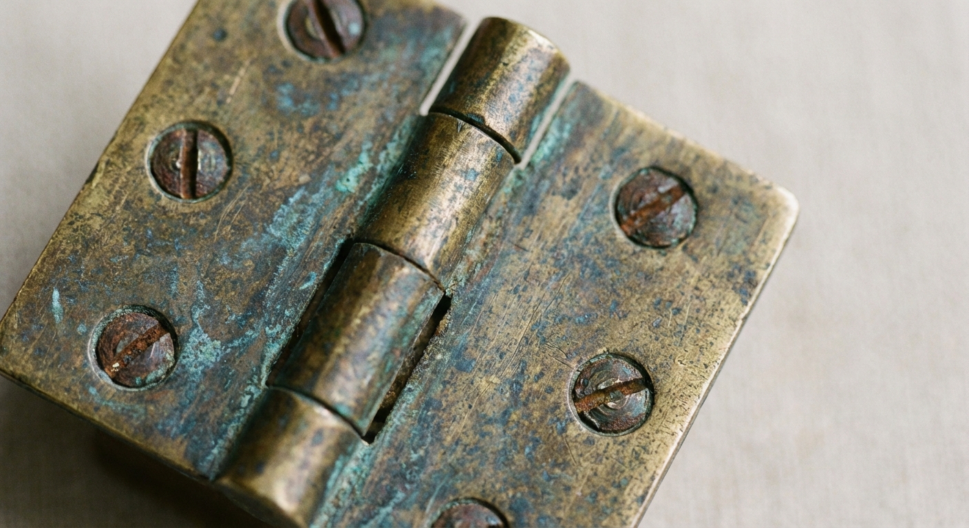 Macro reference image of an antique brass hinge with slotted screws