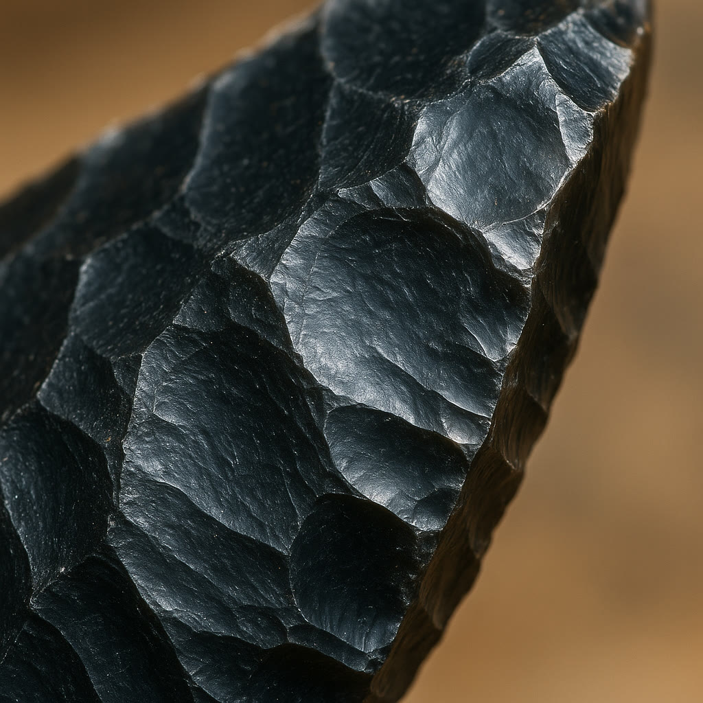 Macro reference image showing obsidian knapping flake scars