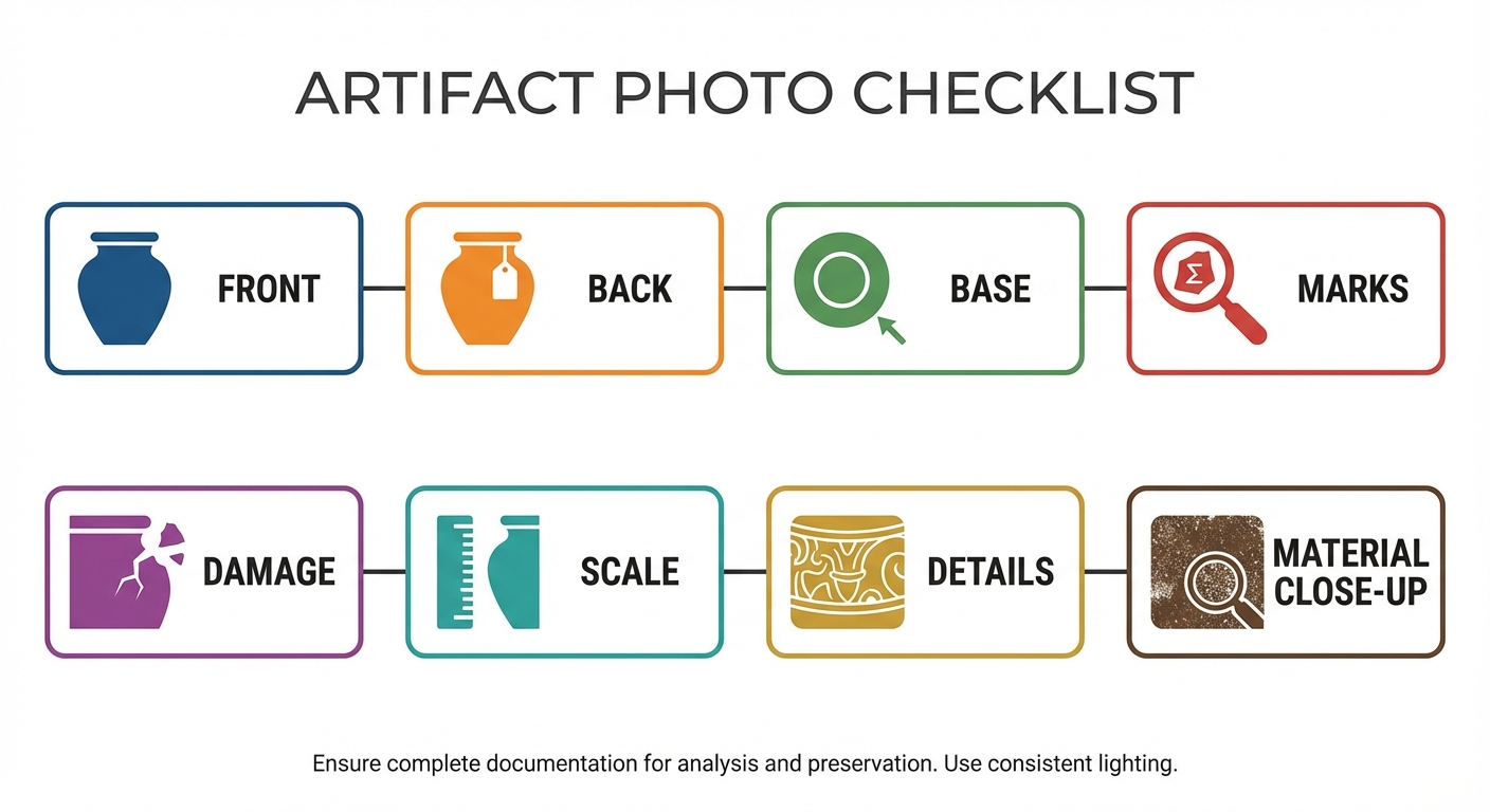 Infographic showing an artifact photo checklist with labeled shots: front, back, base, marks, damage, scale, details, material close-up