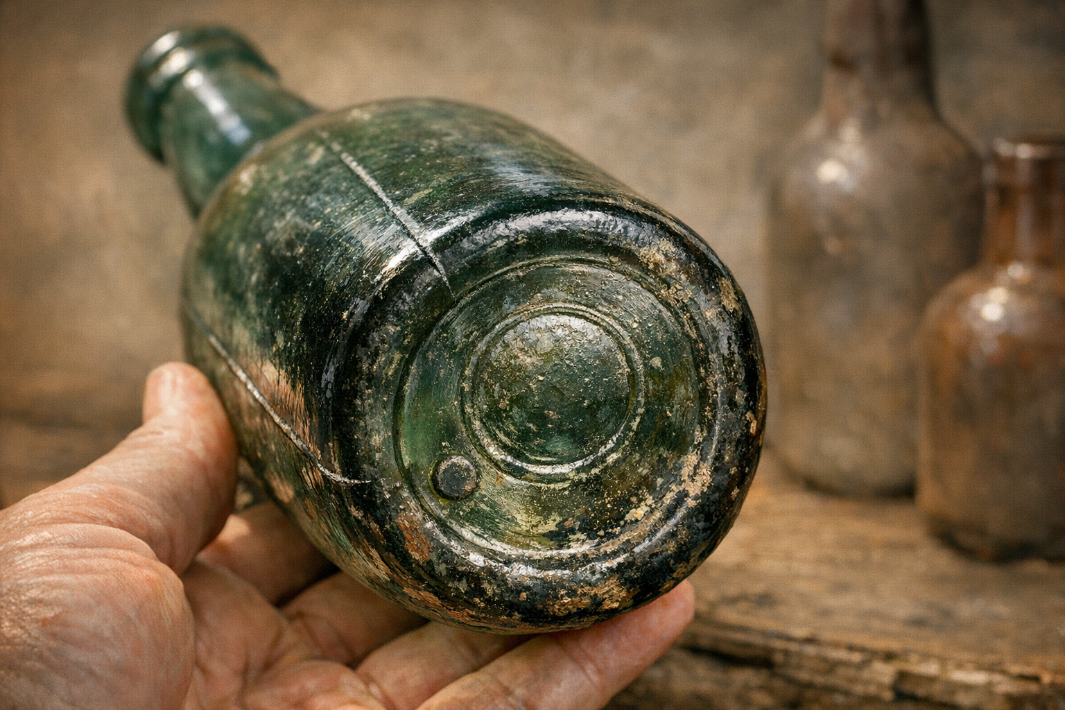 Antique bottle showing visible mold seams and base marks