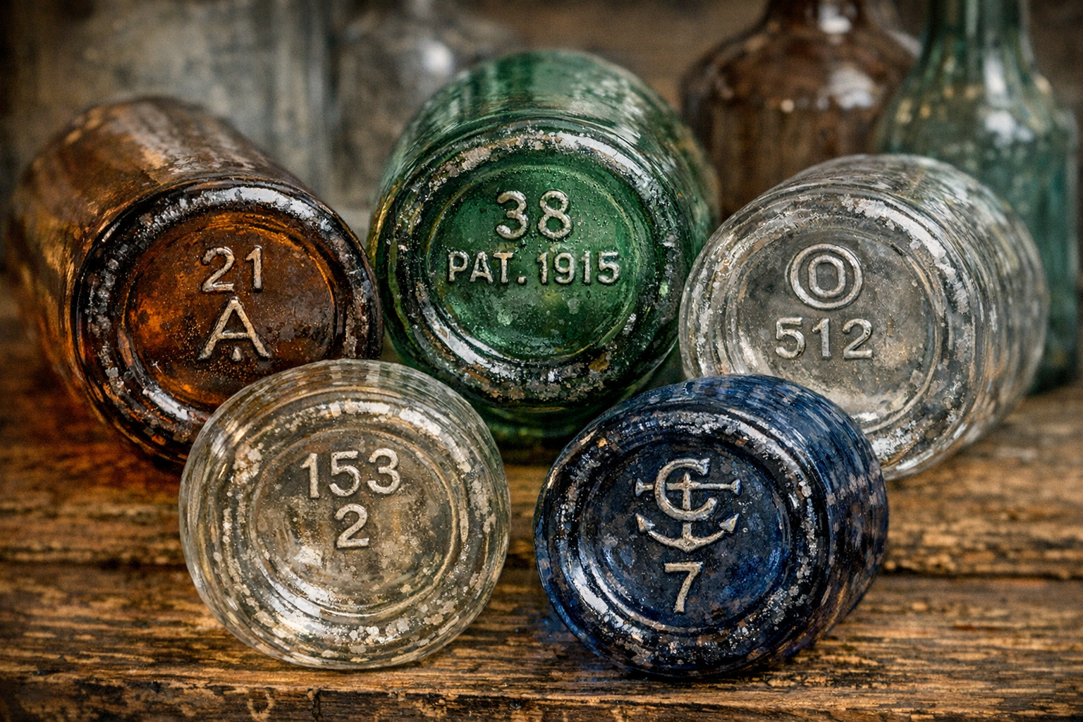 Old bottle bottom numbers with maker marks, mold codes, base embossing, seams, glass color, pontil scars, and date clues