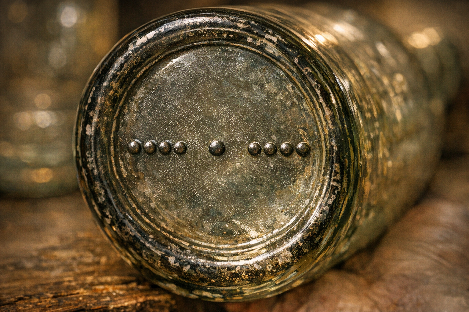 Close-up of a bottle base showing dot code patterns