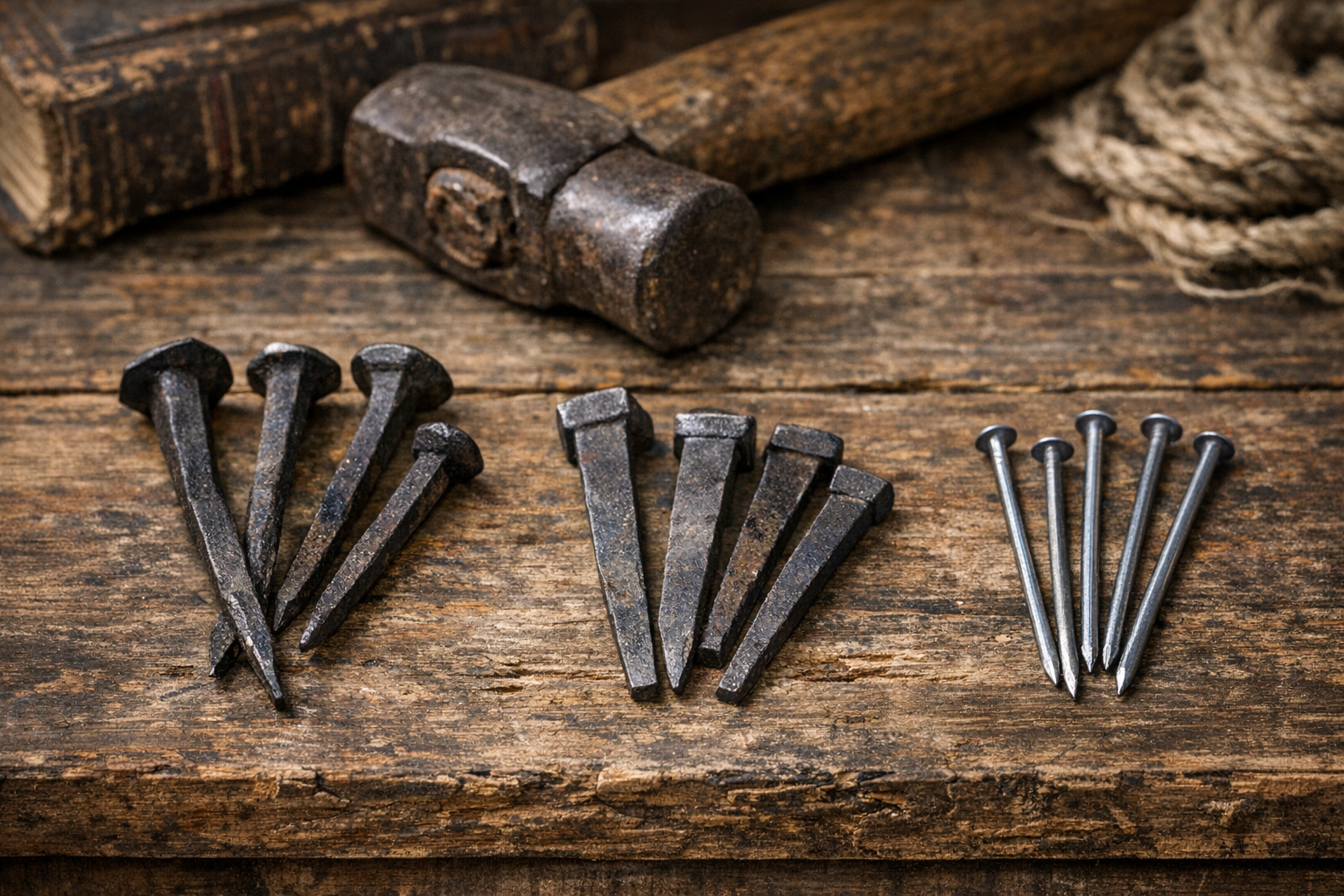 Old nail identification with wrought, cut, and wire nails, heads, shanks, points, corrosion, wood context, and dating clues