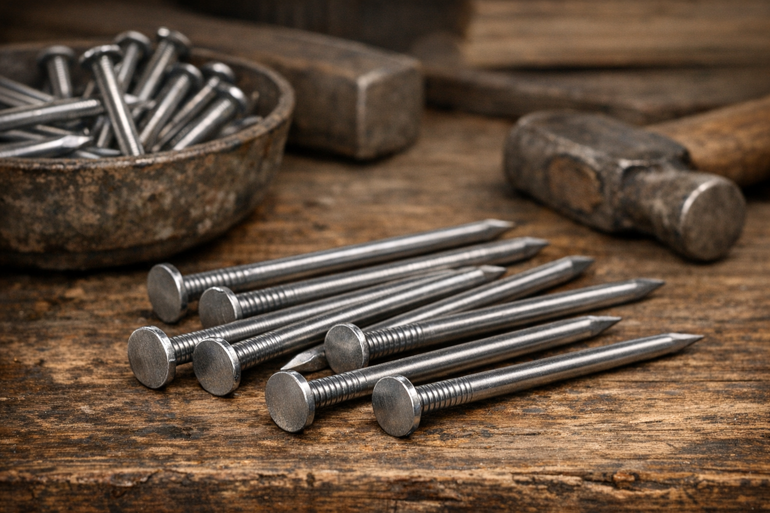 Modern wire nails showing round shanks and uniform appearance