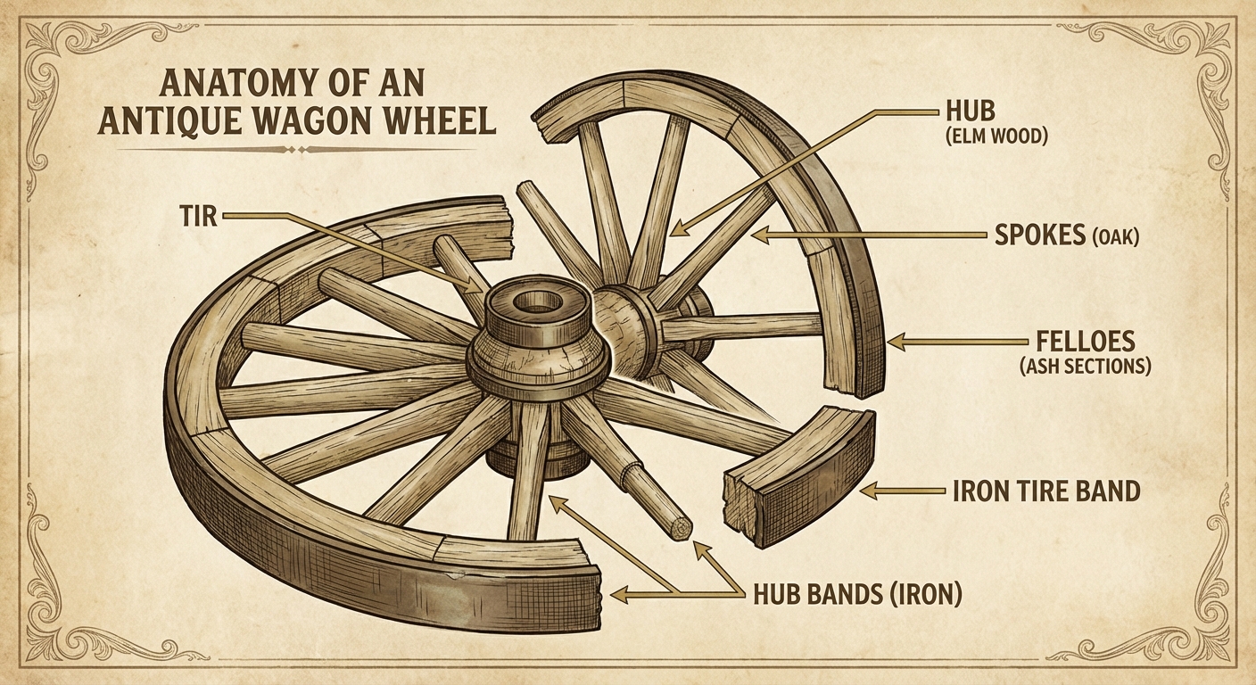 Infographic labeling the hub, spokes, felloe segments, tire band, and hub bands on an antique wagon wheel