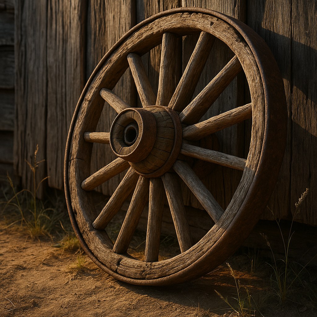 Old wagon wheel identification with hub, spokes, felloes, iron tire, wear, repairs, paint, hardware, and age clues