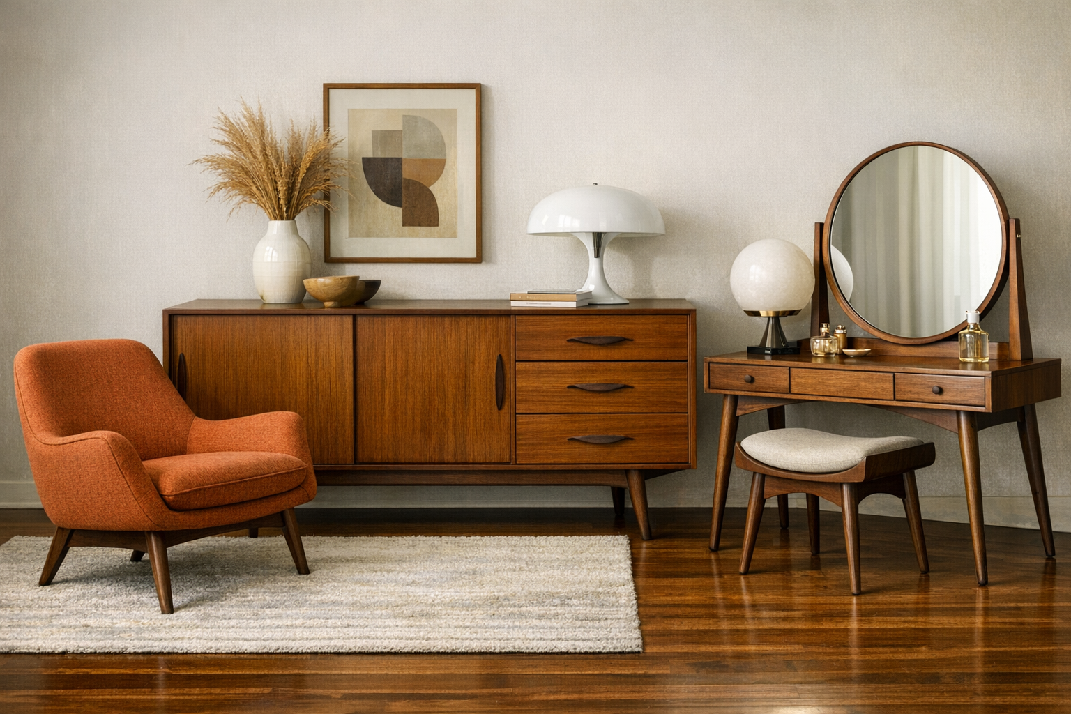 Mid-Century Modern furniture showcasing clean lines, organic forms, and minimal decoration from the 1950s-60s