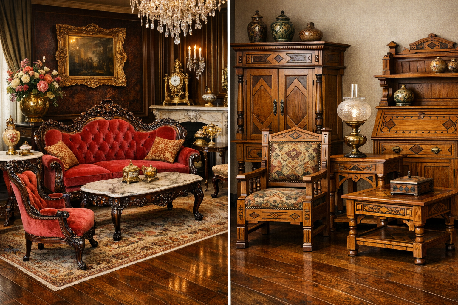 Victorian furniture examples showing ornate Rococo Revival parlor set with carved details and curved lines
