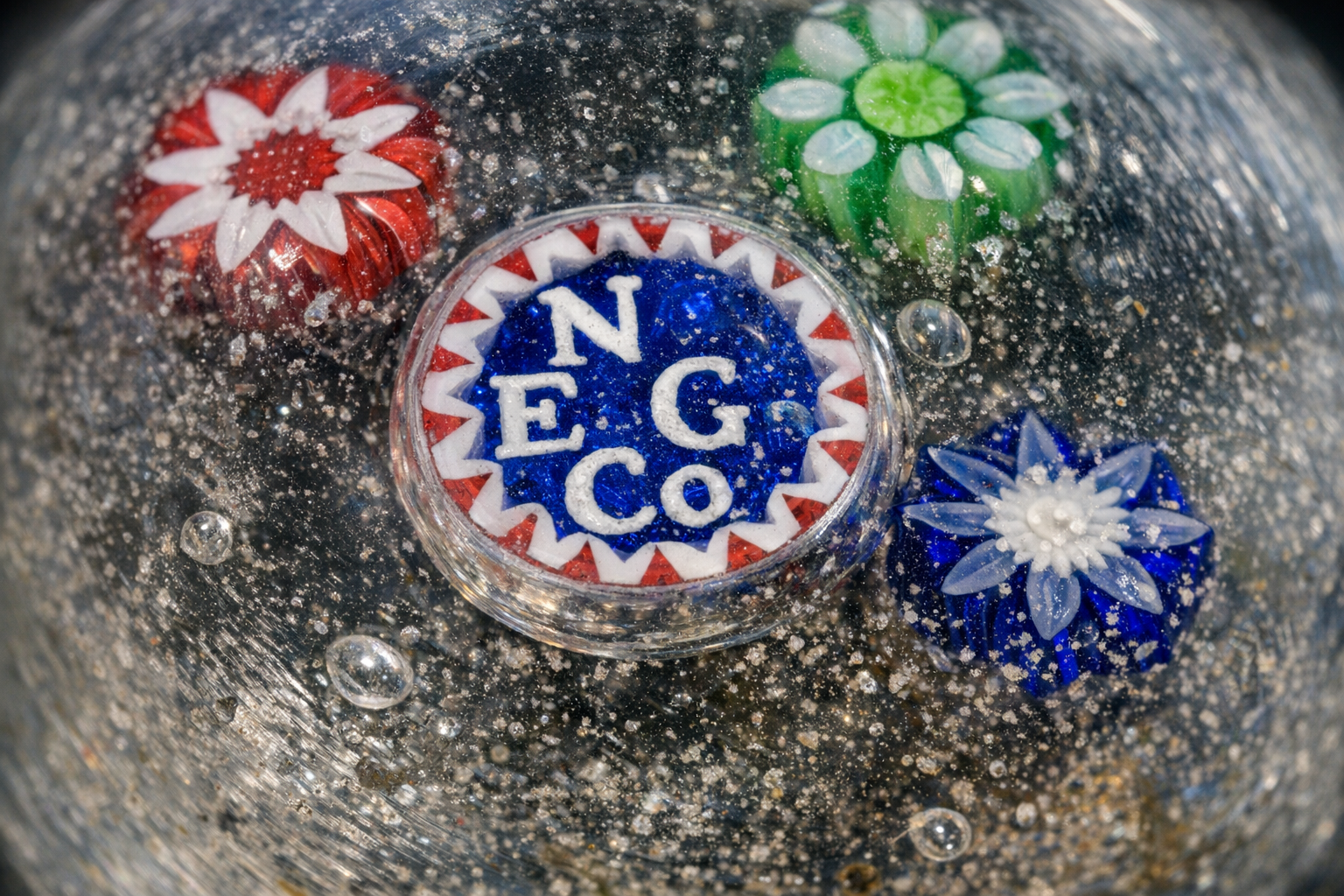 Close-up of a signature cane in an antique paperweight showing maker identification