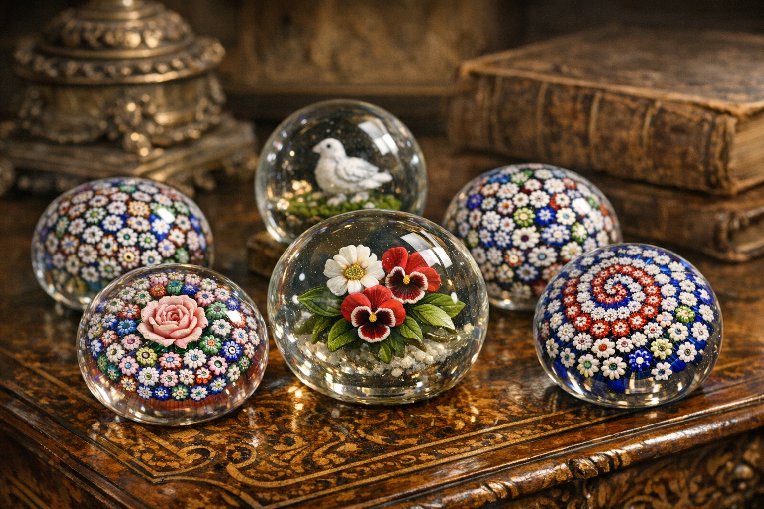 Antique glass paperweight identification with millefiori canes, lampwork, pontil, signature cane, maker traits, polish, and condition clues