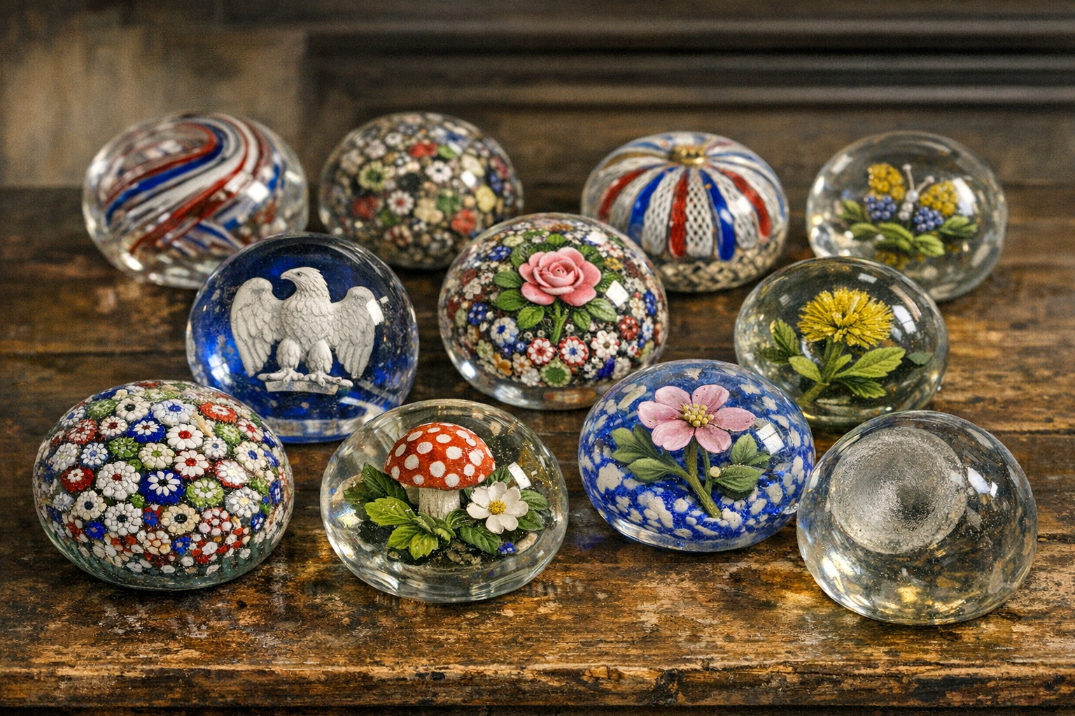 Various antique paperweights showing different maker styles and techniques