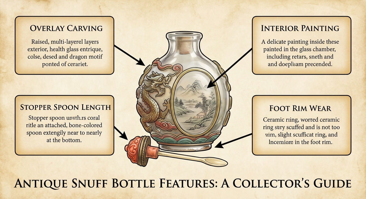 Infographic showing diagnostic callouts on an antique snuff bottle