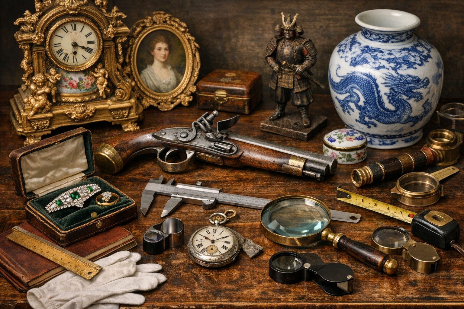 Multiple antique items arranged for photography with measurement tools