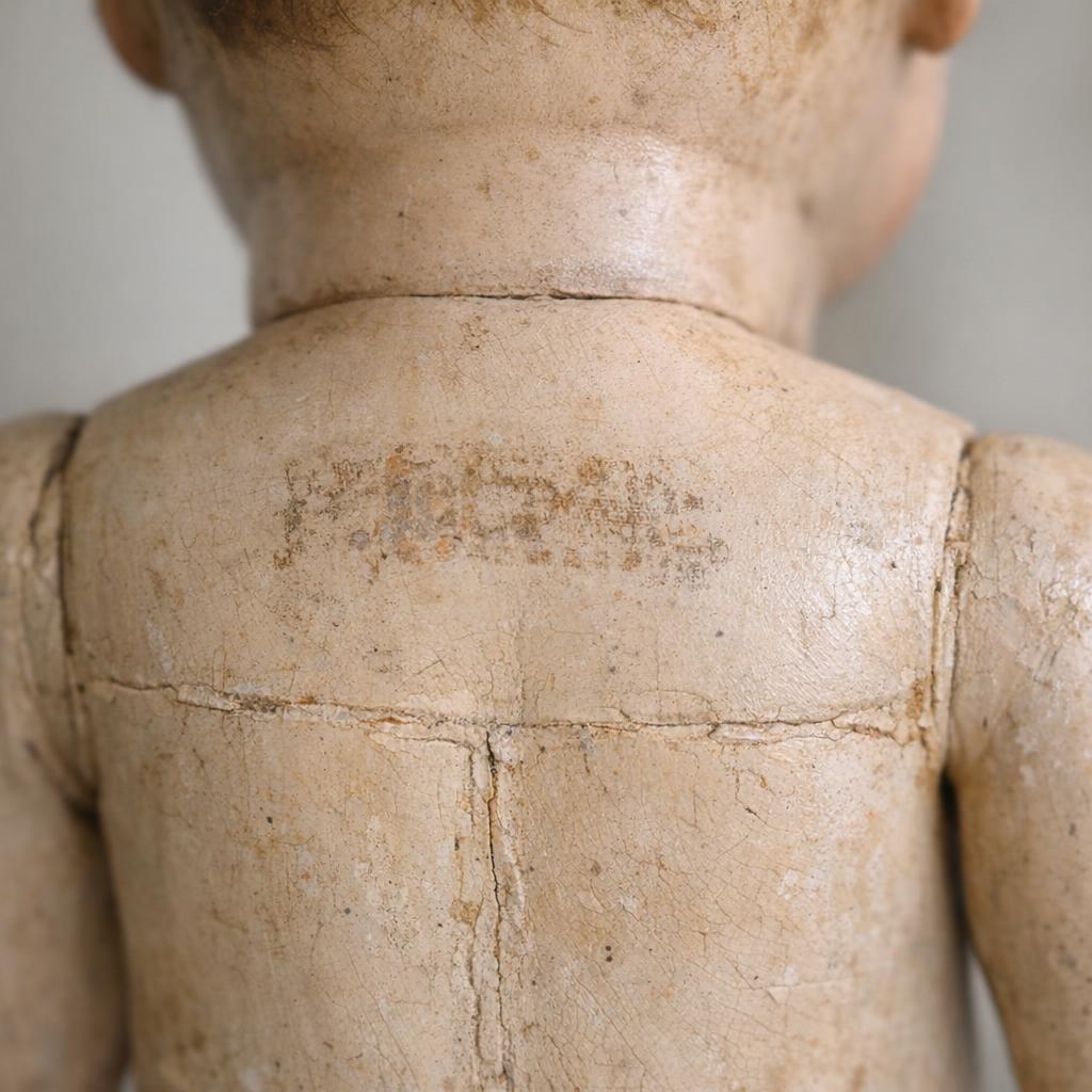 Faded manufacturer stamp on an antique composition doll torso