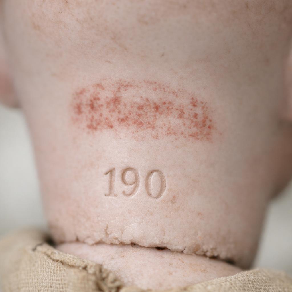 Faded ink stamp on the back of an antique bisque doll neck