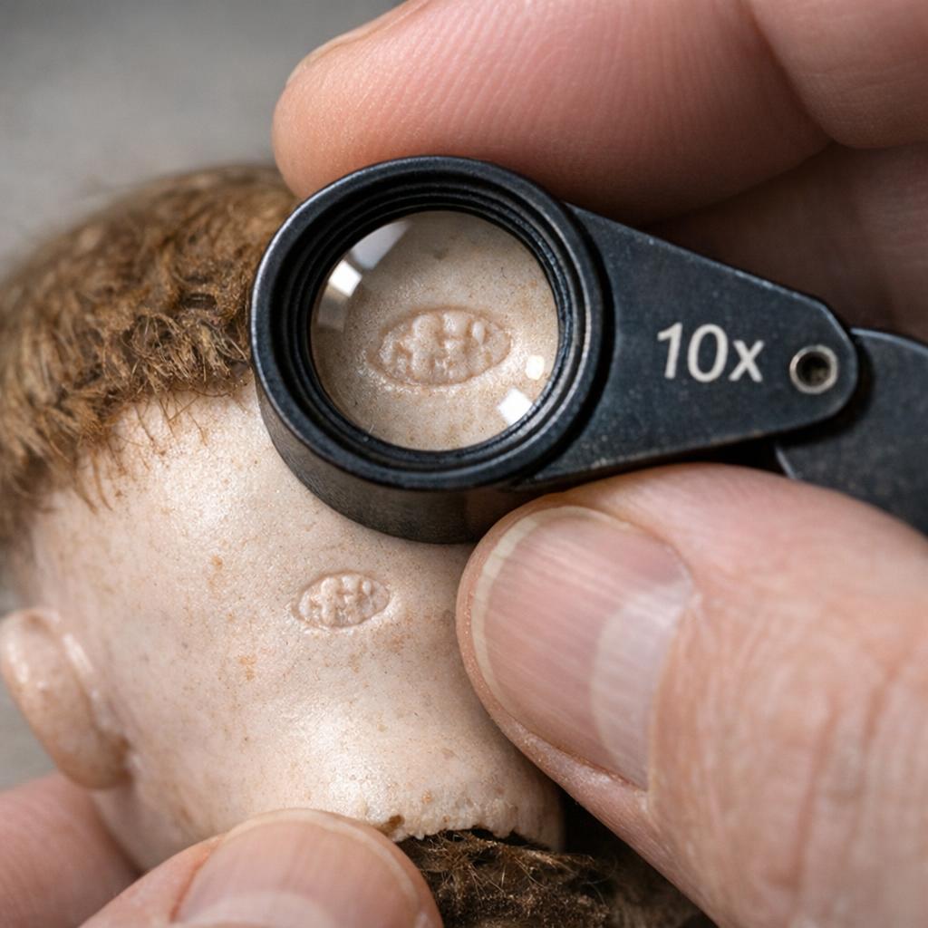 Using a jeweler's loupe to inspect a tiny impressed mark on an antique doll