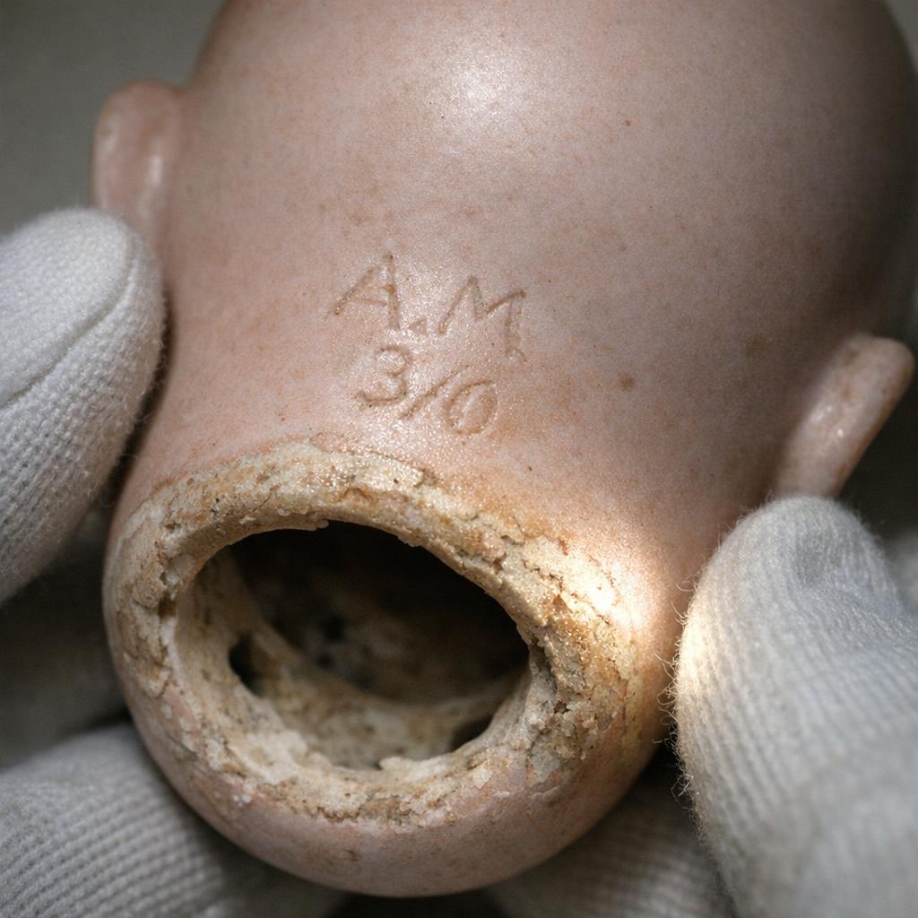 Raking light revealing a shallow incised mark on an antique bisque doll neck rim