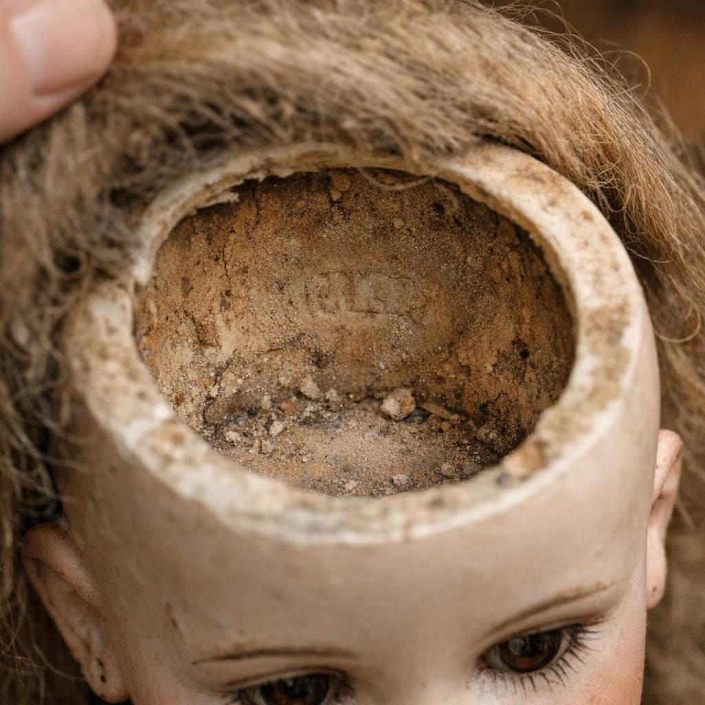 Inspecting an antique doll crown mark under the lifted wig and pate