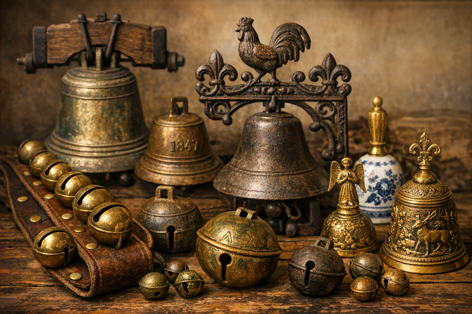 Old bell identification with foundry marks, metal, casting seams, yoke, clapper, shape, wear, repairs, mounting, and age clues