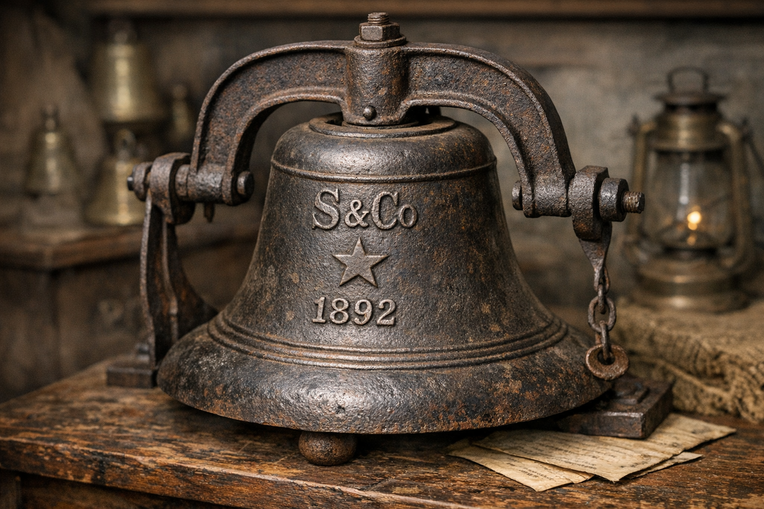 Antique cast iron bell with yoke mount and foundry markings
